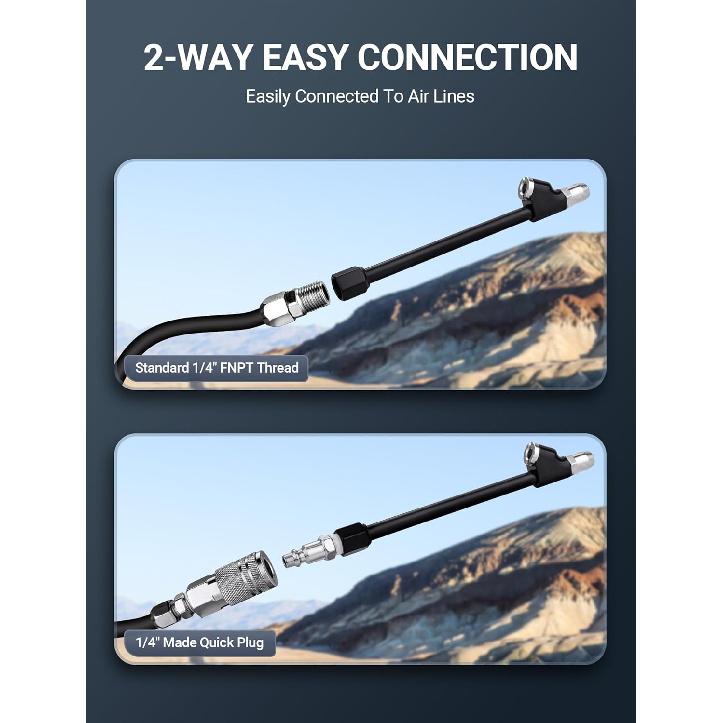 Air Chuck Set, 1/4" FNPT Extended Reach Dual Head Air Chuck W/Quick Plug, 2-Way Connect Tire Air Chuck For Tire Inflator Gauge/Air Compressor, Tire