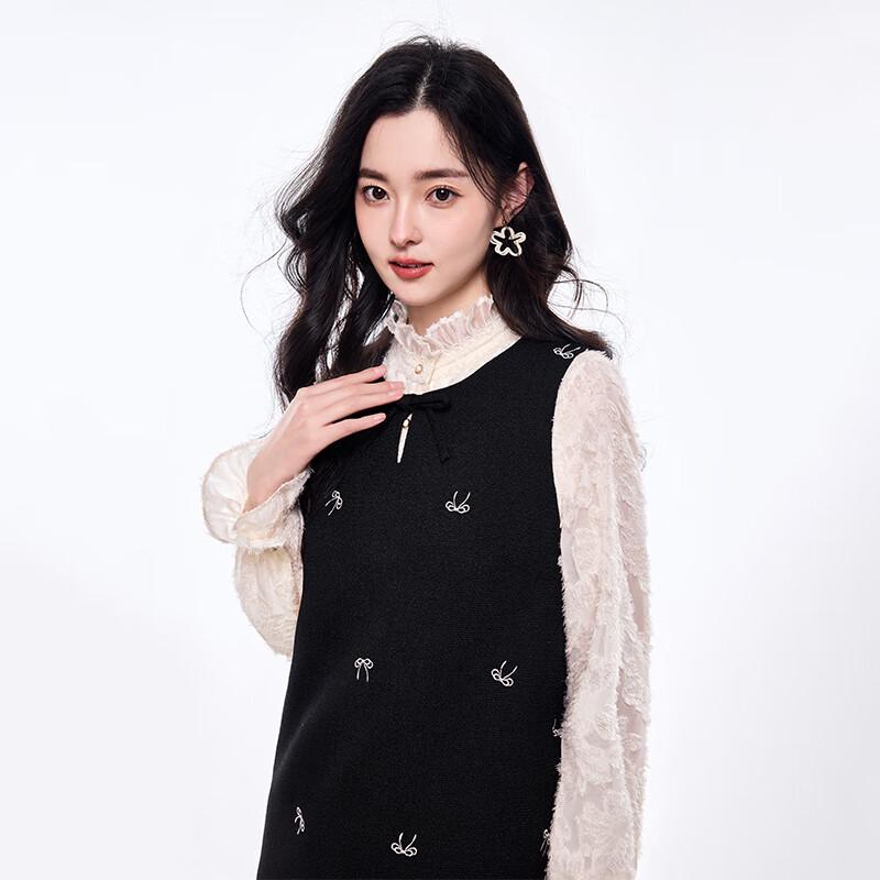 Herbstwasser Dame 2025 Frühling Ärmelloses Stickerei-Kleid mit Schleife