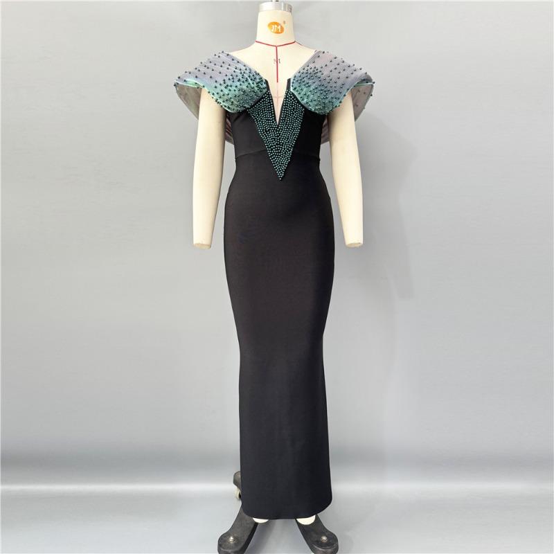 Summer New Bandage Dress Temperament Socialite Bead Waist Thin Long Hip Dress Dance Party