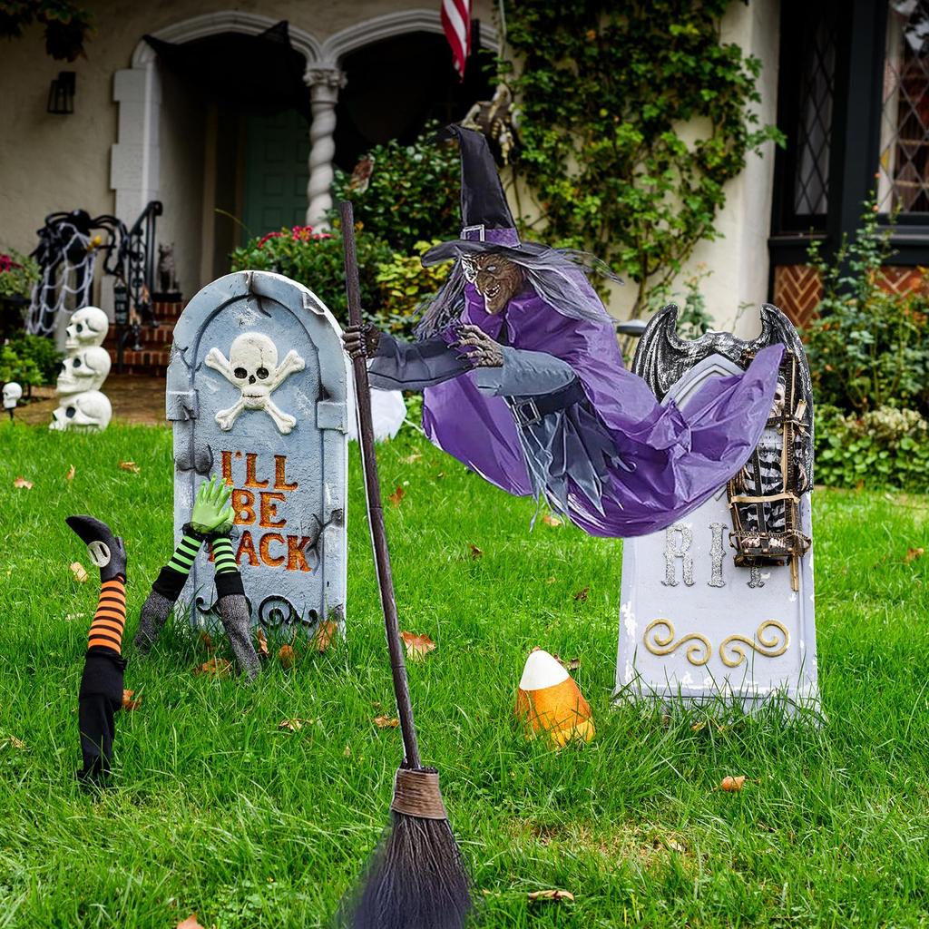 Flying Witch Halloween Decor Halloween Witch on Broom with Light-up Eyes Scary Props Holiday Decor Ornament for Indoor Tree