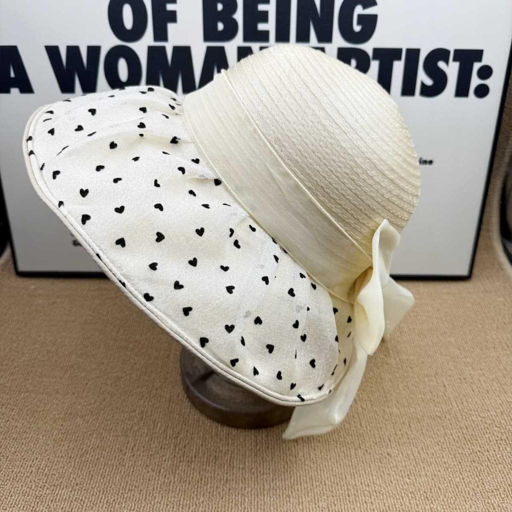 Love organza bow bucket hat women's summer big eaves sunscreen hat cover face UV protection straw hat show small face