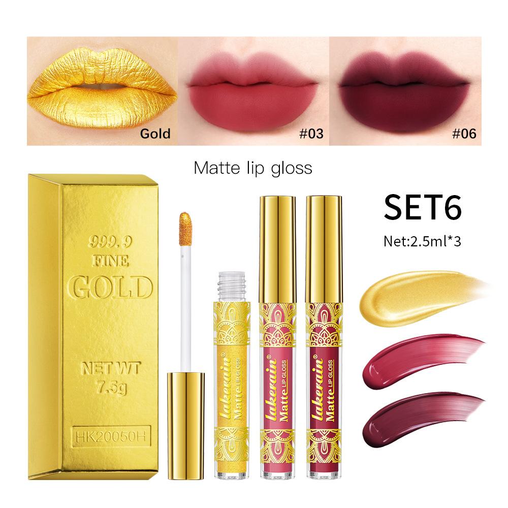 Lakerain Golden Lip Gloss Матовый не прилипающий цвет губной помады Красный Три набора 06