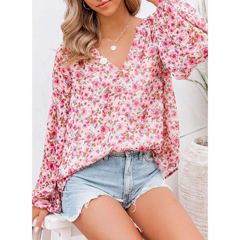 2026 New Spring and Autumn Women's V-neck Chiffon Top Lantern Sleeve Floral Casual T-shirt