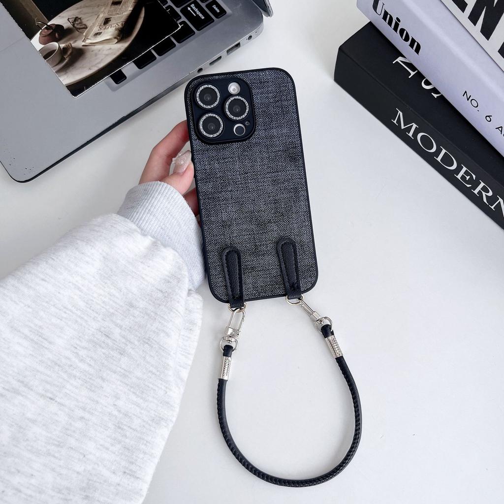 Cloth Patterned Wrist Strap Hanging Rope Phone Case for IPhone 12, 14promax Protective Case, 16plus Trendy