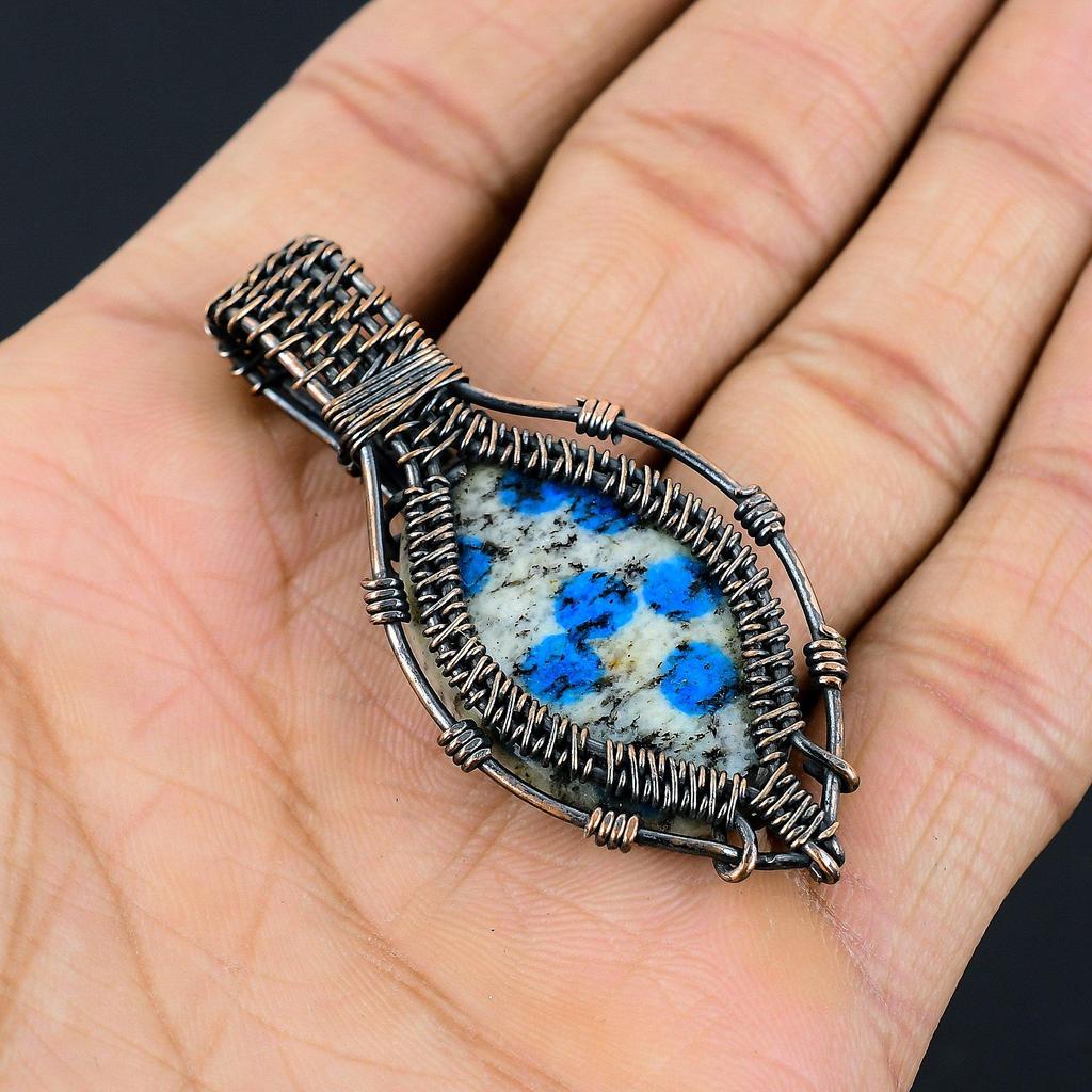 K2 Azurite Pendant, 999 Copper Wire Wrapped Gemstone Jewelry, Handmade Pendant, For Thanksgiving