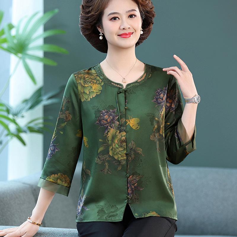 

2026 Summer Silk Shirt for Middle-Aged & Elderly Women, 3/4 Sleeves, Short-Sleeved Top for Mom & Grandma 2XL (110-120 lbs)
