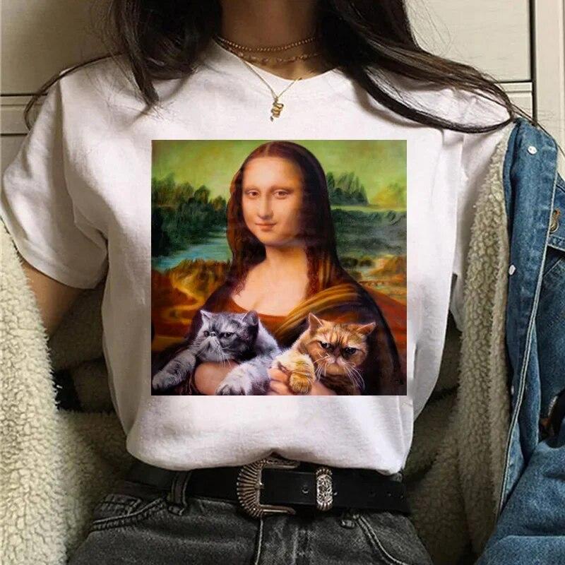 Camiseta Gato Van Gogh woUnisex estampado artístico pintura al óleo hermosa linda divertida camiseta dibujos animados años 90 ulzzang top casual camiseta mujer