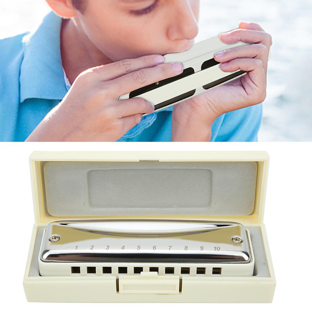 Blues Harmonica 10 Holes Mouthorgan Bb Key Stainless Steel ABS Resin Wind InstrumentWhite