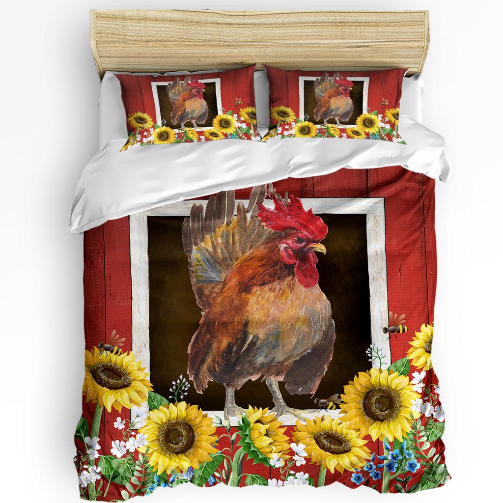 Juego de Funda Nórdica Retro de Gallo y Gallina de Granja 3 Piezas Ropa de Cama Personalizada Funda de Colcha para Cama Doble Textil para el Hogar