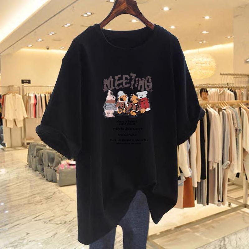 

Pure Cotton Retro Teddy Bear V-Neck T-Shirt - Trendy 2025 Korean Design, Short Sleeve Summer Top M чёрный