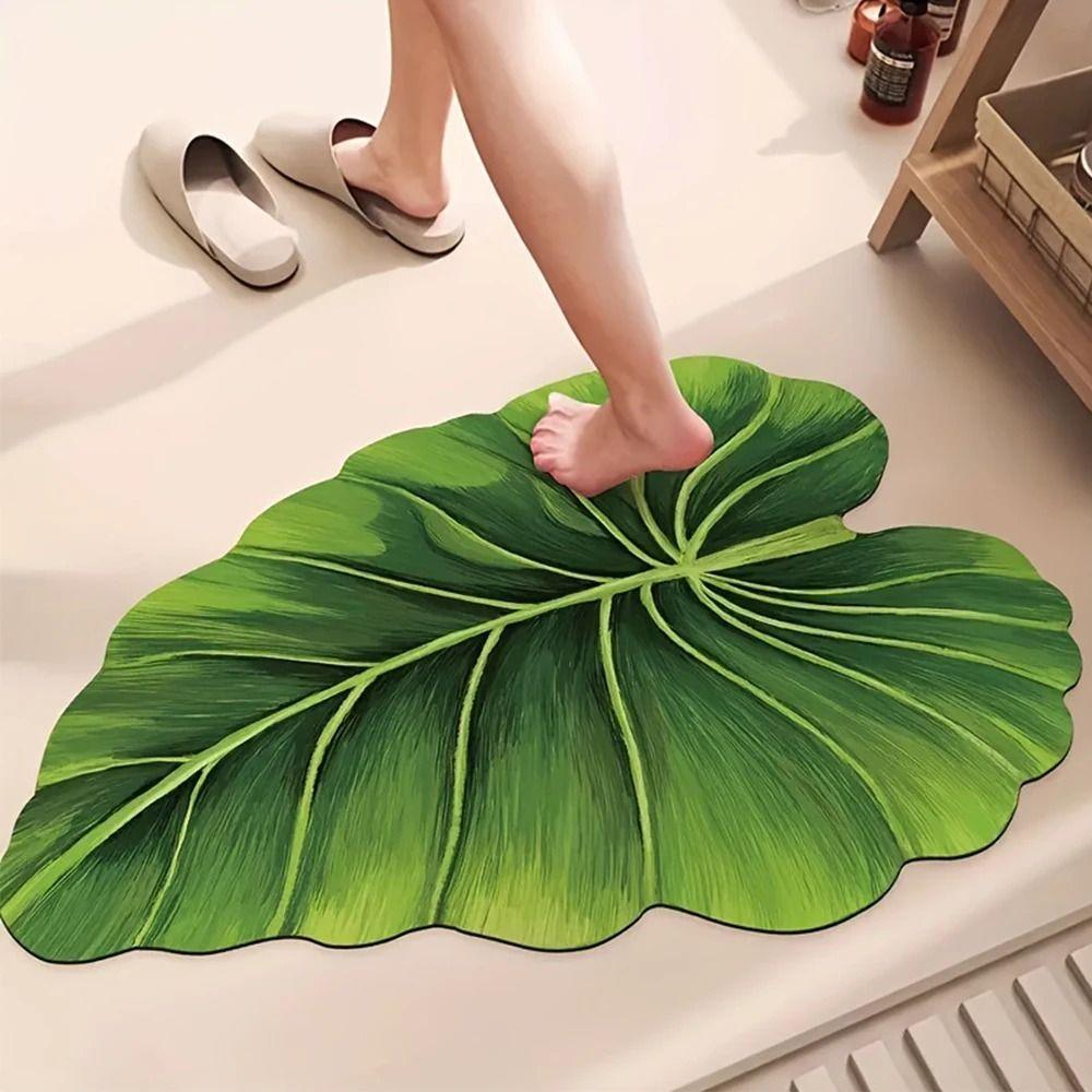 Easy To Clean Diatomite Floor Mat Green Leaf Pattern Bathroom Foot Rug Home Corridor