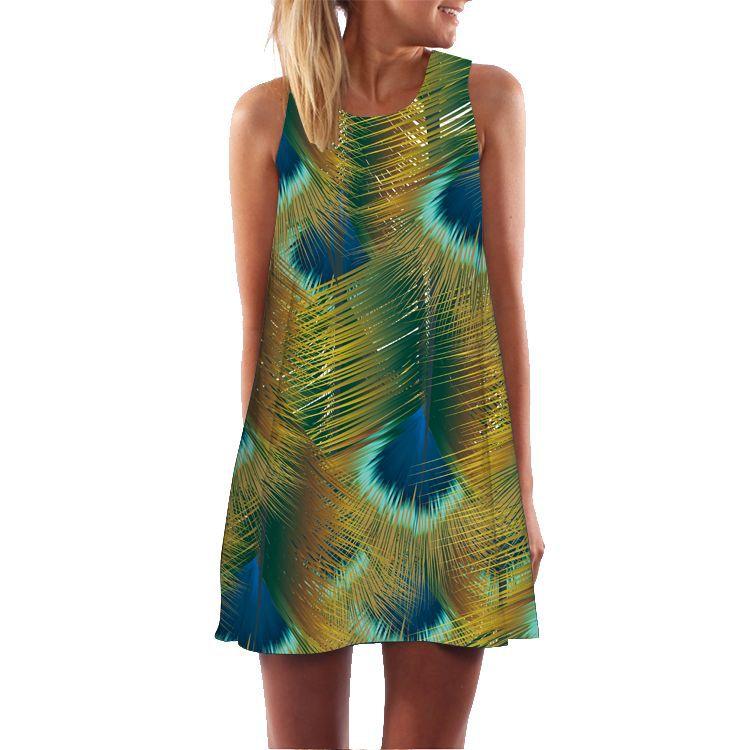 European and American New Retro Digital Printing Crew Neck Hot-selling Off-the-shoulder Medium and Long Vest Dress