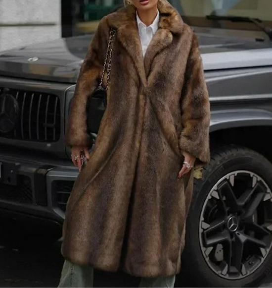 Dark Brown Faux Fur Long Coat - 2024 Winter Collection: Plush, Warm, and Thickened.