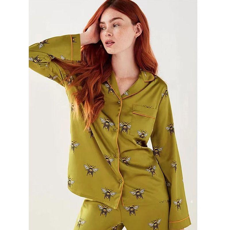 

[Alpine Bee] Silk Satin Print Pajamas Set Women Niche Design Can Be Worn outside Homewear Mustard Green Bee L
