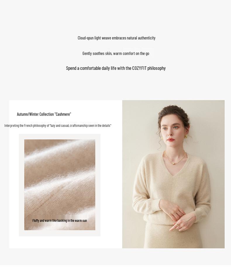Women's V-Neck Seamless Cashmere Sweater: Brushed Finish, Long Sleeve, Solid Color