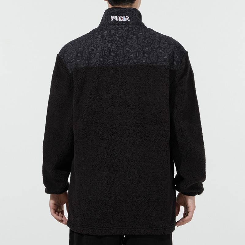 Puma Paisley Cashew Flower Patch Pocket Faux Sheepskin Fleece-Lined Stand Collar Logo Jacket Unisex Jackets Black 534984-01