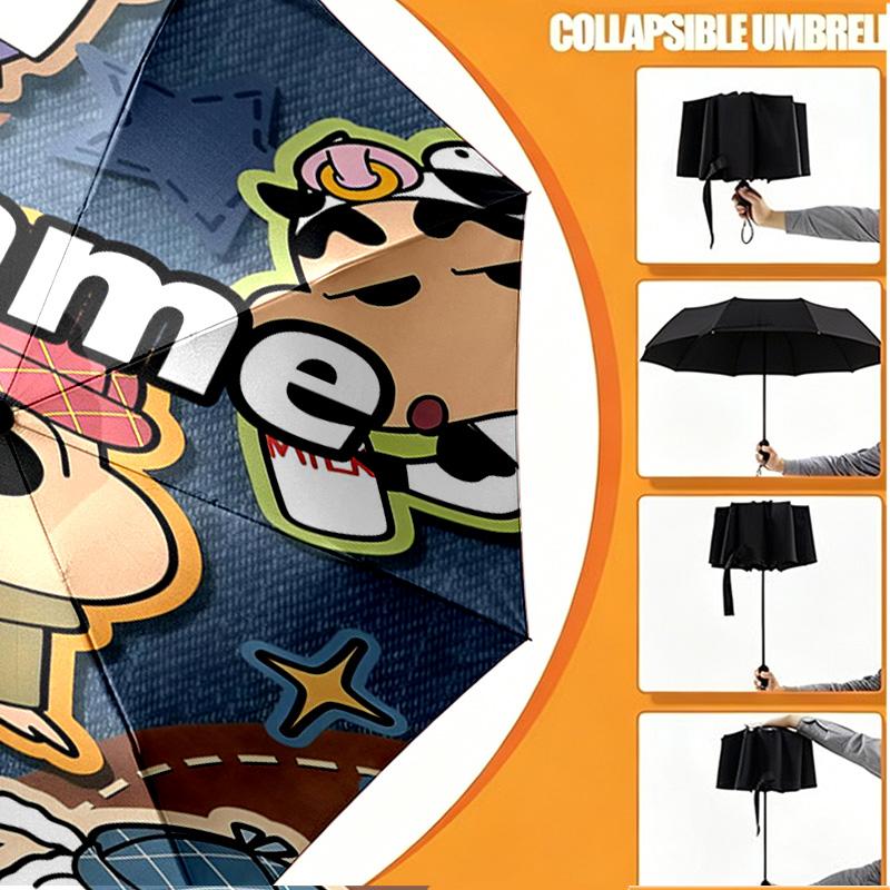 Custom Name Personalized Crayon Shin Print Umbrella, Auto Open Close, 8‑Rib Sturdy Frame, Commute Camping Hiking Use, Birthday Gift