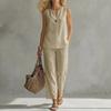 Women Solid Color V Neck Sleeveless Linen Blend Two Piece Set Casual Wide Leg Pants Outfit