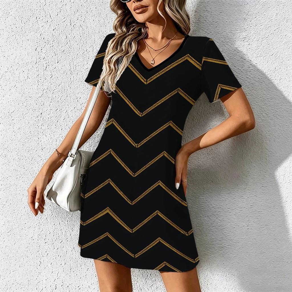 Summer Fashion Women's V Neck Short Sleeve Retro Geometry Pattern Printed  Dress Sex Short Skirt Dresses