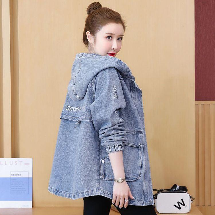 Women Denim Windbreaker Coat Hooded Cardigan Jacket Pockets Washed Y2k High Waist Outerwear 2025 Autumn Streetwear Overcoat