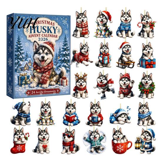 Christmas Tree Hanging Decoration Husky Advent Calendar 2026 with 24 Unique Acrylic Pendants for Decorations, Party Favor Cute Dog Themed Holiday