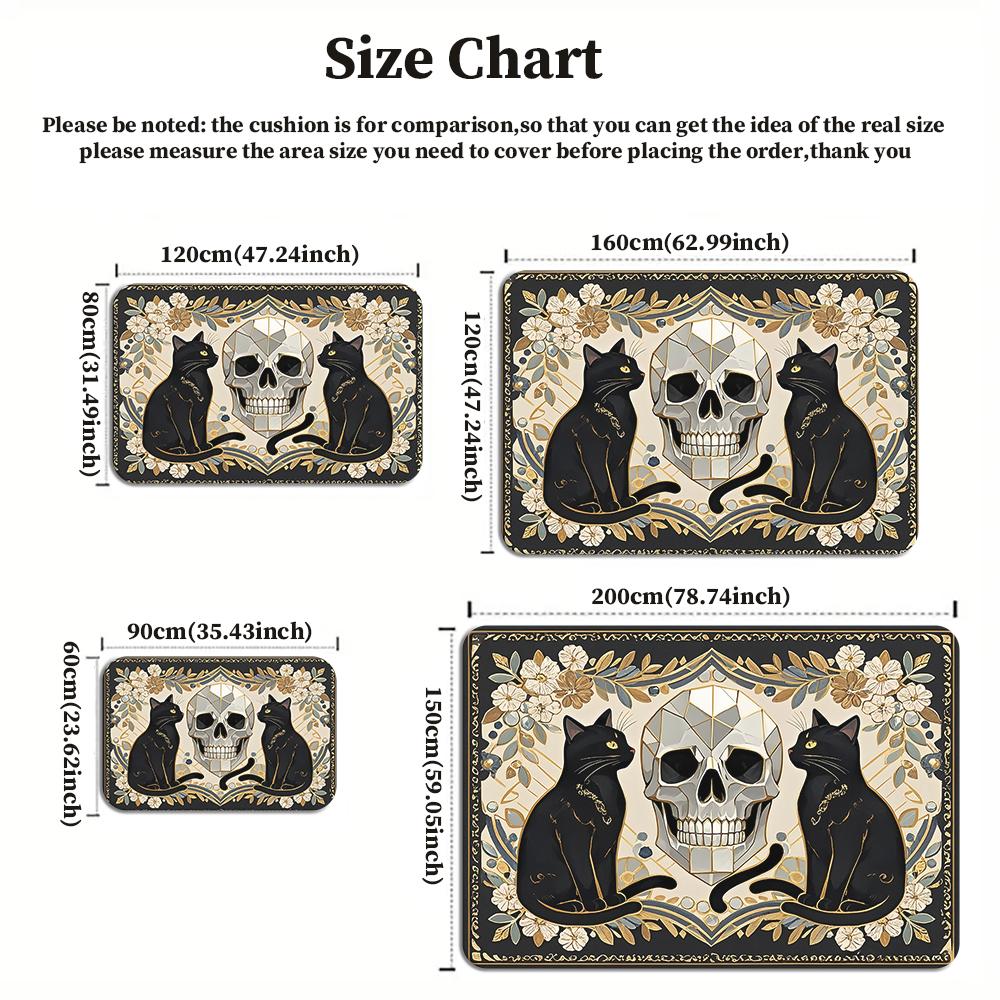Vintage Black Cat Skull Area Rug, Floral Gothic Print Carpet for Living Room Bedroom,Aesthetic Witchy Floor Mat Home Decor