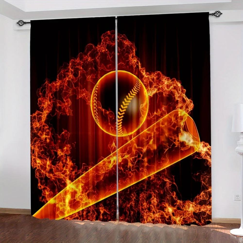 2-teilige Vorhänge Sportvorhänge Stangentasche Abstraktes Flammen Basketball-Thema Wanddekoration Jugendzimmer Herren Trendig Cool 3D-Ball-Kunst Gedruckte Vorhänge