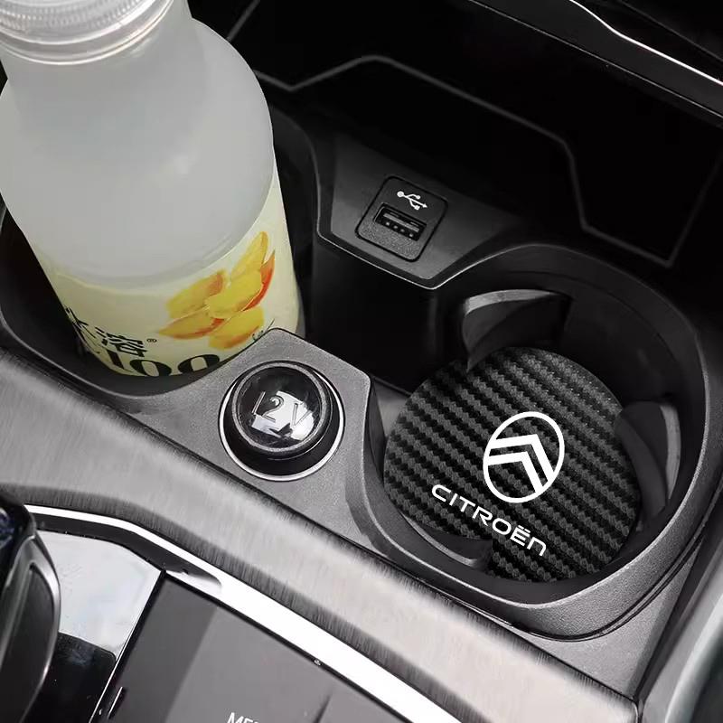 AGN4 2Pcs Car Emblem Cup Trough Mat Carbon Fiber Leather Cup Pad For Citroen C3 C5 AIRCROSS C5X C4 Cactus PICASSO e-C3 C1 C-Crosser