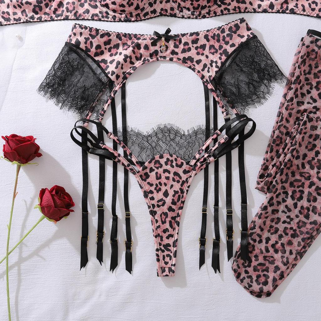 Women Sexy Leopard Print Push Up Bra Set Double Shoulder Strap Lace Splice Lingerie Outfit With Thigh High Stockings