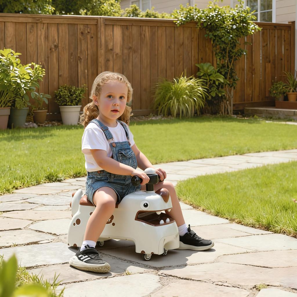 Kids Ride On Car, Dinosaur Foot To Floor Slider with Storage, Toddler Walker with Light, Sounds, Cream