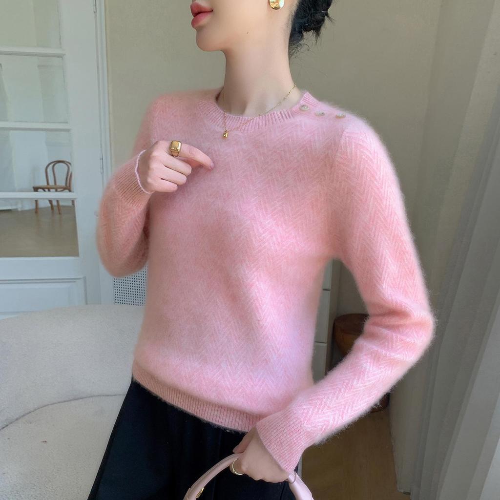 Elegant Style Cashmere Women's Round Neck Pullover Sweater with Diagonal Buttons - Warm, Skin-Friendly, Long Sleeve Autumn/Winter Top