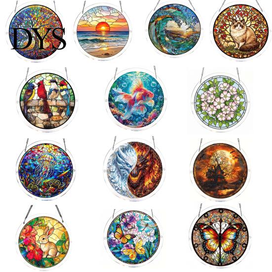Stained Glass Puzzle Round Acrylic Suncatcher Puzzle, UV Printed Window Hanging Decor Educational Game 7.48 Inch DIY Craft Light Catcher Ornament for