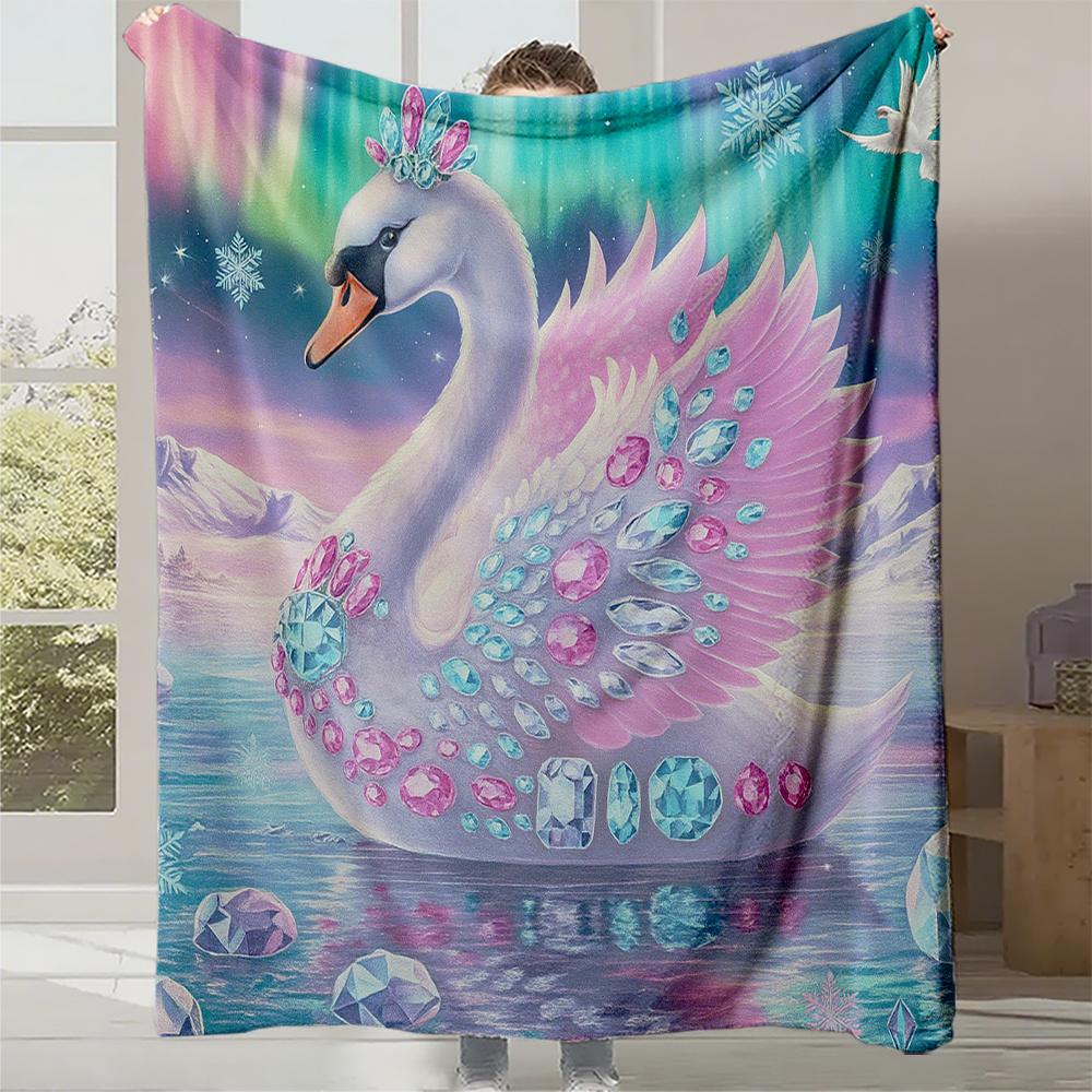 

1 шт. Роскошное фланелевое одеяло - Нежно-розовый лебедь с драгоценными камнями, Тяжелое всесезонное покрывало для дивана, кровати, путешествий, офиса Mac 130x150cm