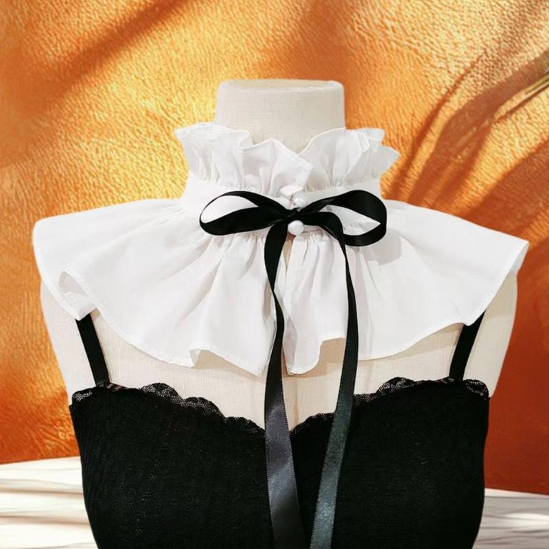 Vintage Ruffle Stand False Collar with Ribbon Tie for Women Victorian Detachable Neck Ruff Decorative Shawl Cape Boleros