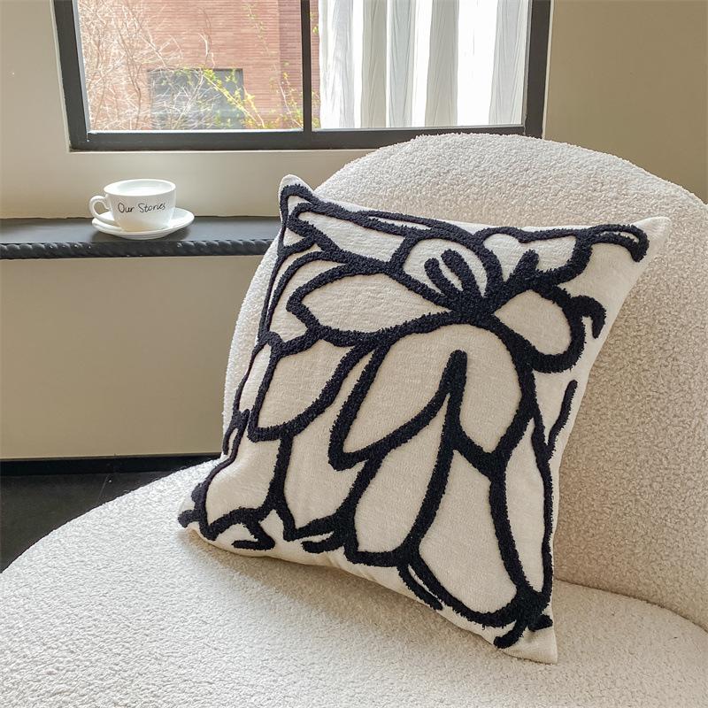 Light Luxury Chenille Embroidered Rose Pattern Decorative Pillow Cushion Soft Sofa Backrest Cushion Cover for Bedroom Home Decor