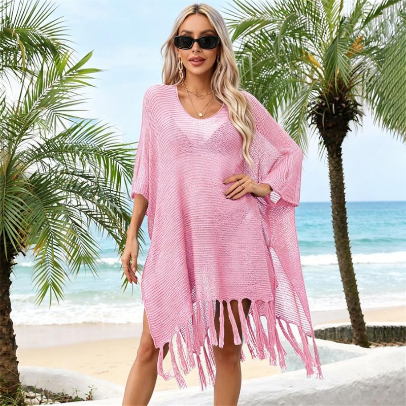 Womens Crochet Hollow Out V Neck Fringe Hem Beach Cover Up