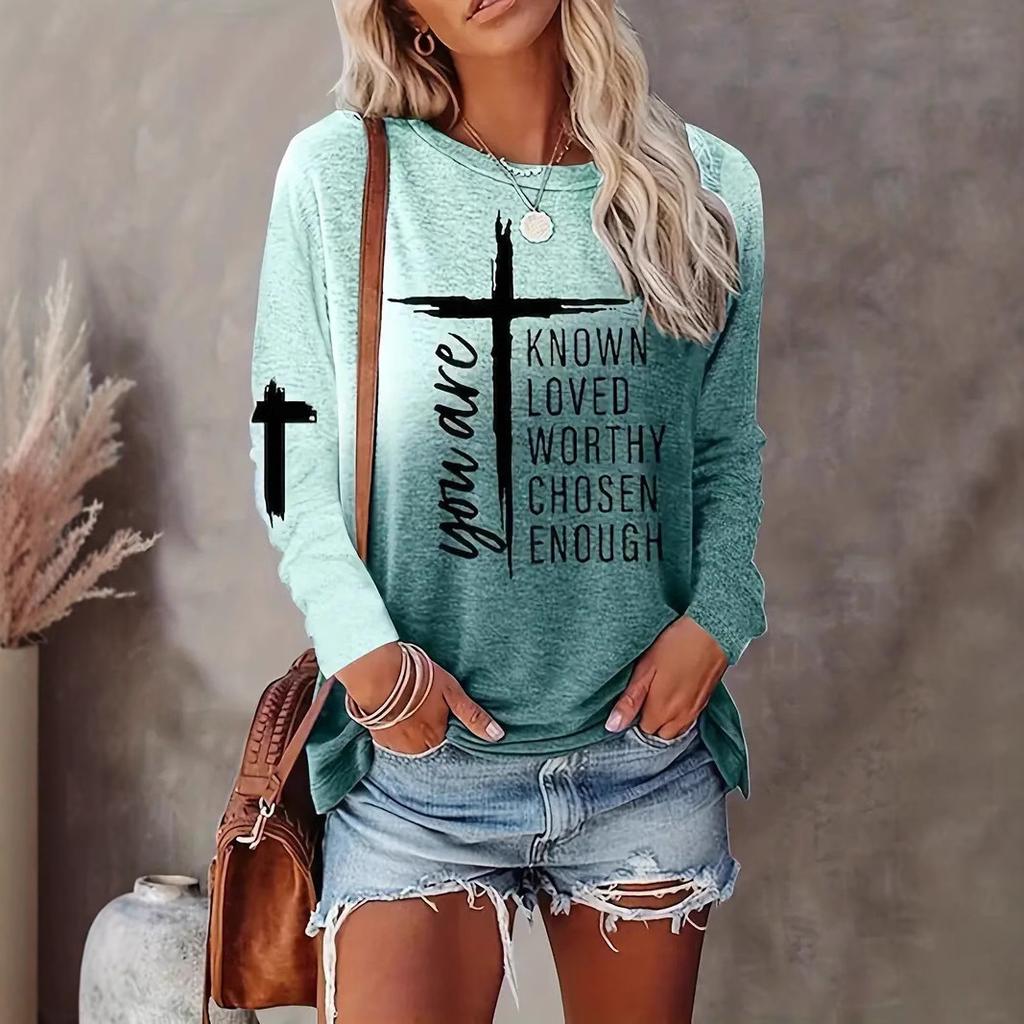Cross Letter Printed Long Sleeved T-shirts for Women's Casual Multi-color Top