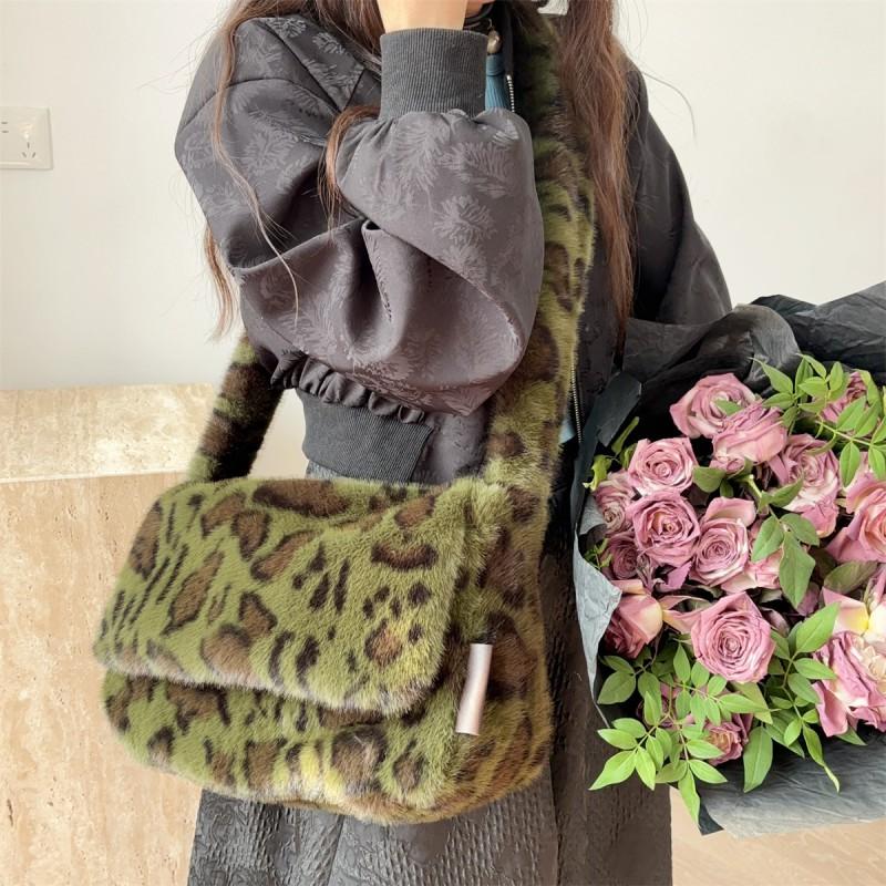 Fall Winter Faux Fur Leopard Tote Bag Large Capacity Shoulder Crossbody Students
