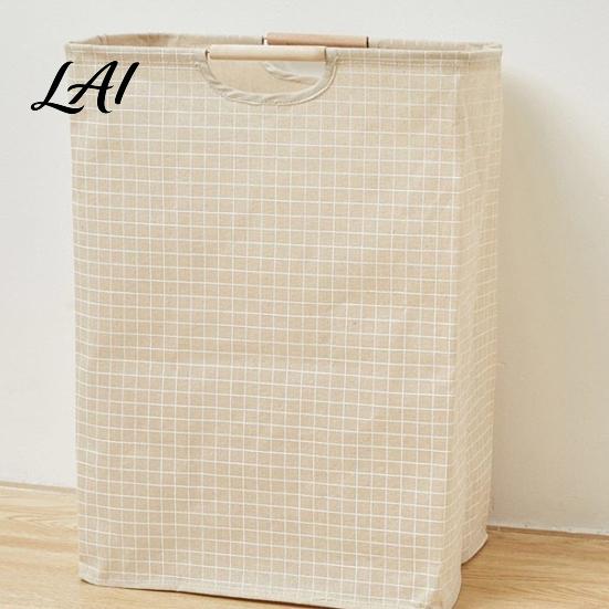 Cotton And Linen Laundry Organizer Basket with Wooden Handles Large Space Saving Bag Basket Storage Foldable for Families Collapsible Hamper