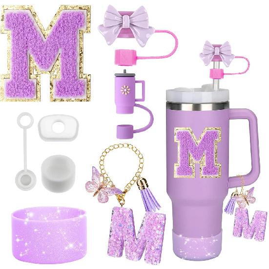 8PCS Accessories Set for Stanley Cup Purple 30oz 40oz Tumbler Silicone Straw Topper Cover Cap Boot Handle Charm Initials Sticker Cup Holders 5