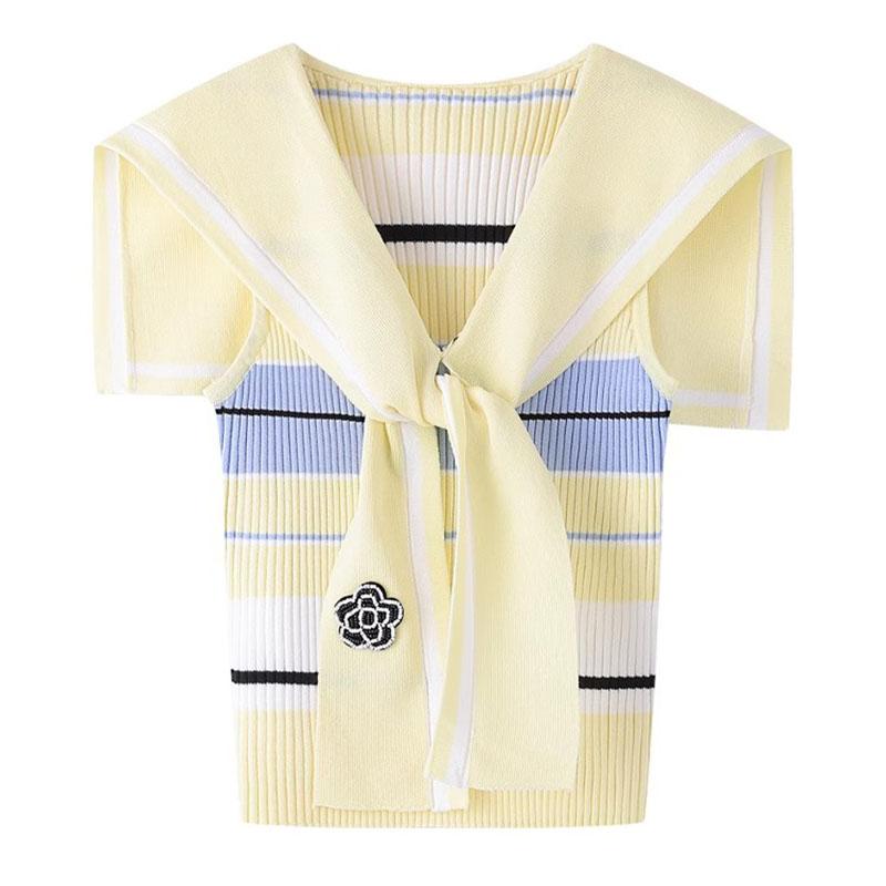 Women Flower Beading Tank Tops Striped Casual Summer Vest Ladies Summer Tops Knit Vest With Cape Knitwear B-091