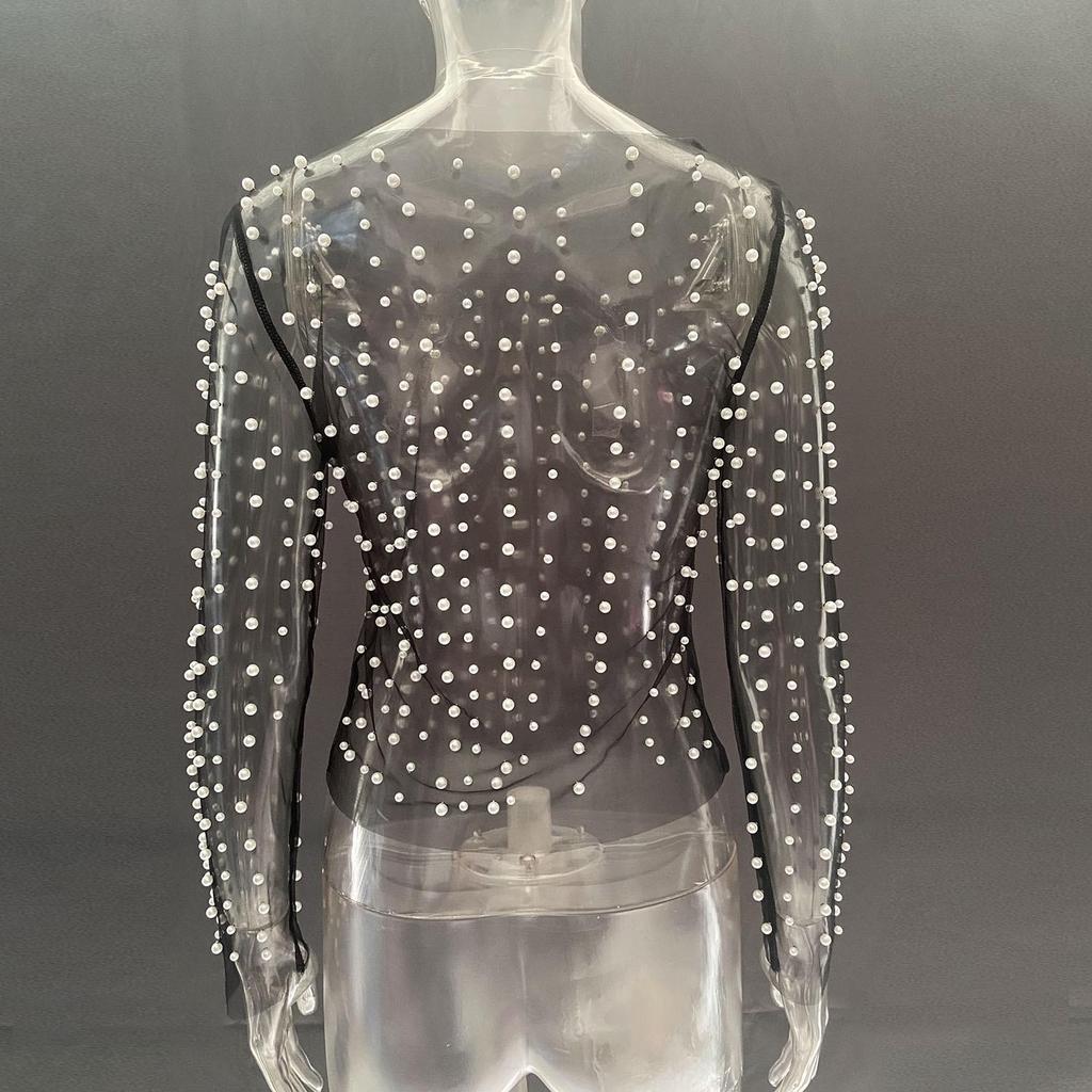 2023 Heiß verkaufendes Damen transparentes Netz-Langarmtop mit Perlenblasen für Frühling/Sommer