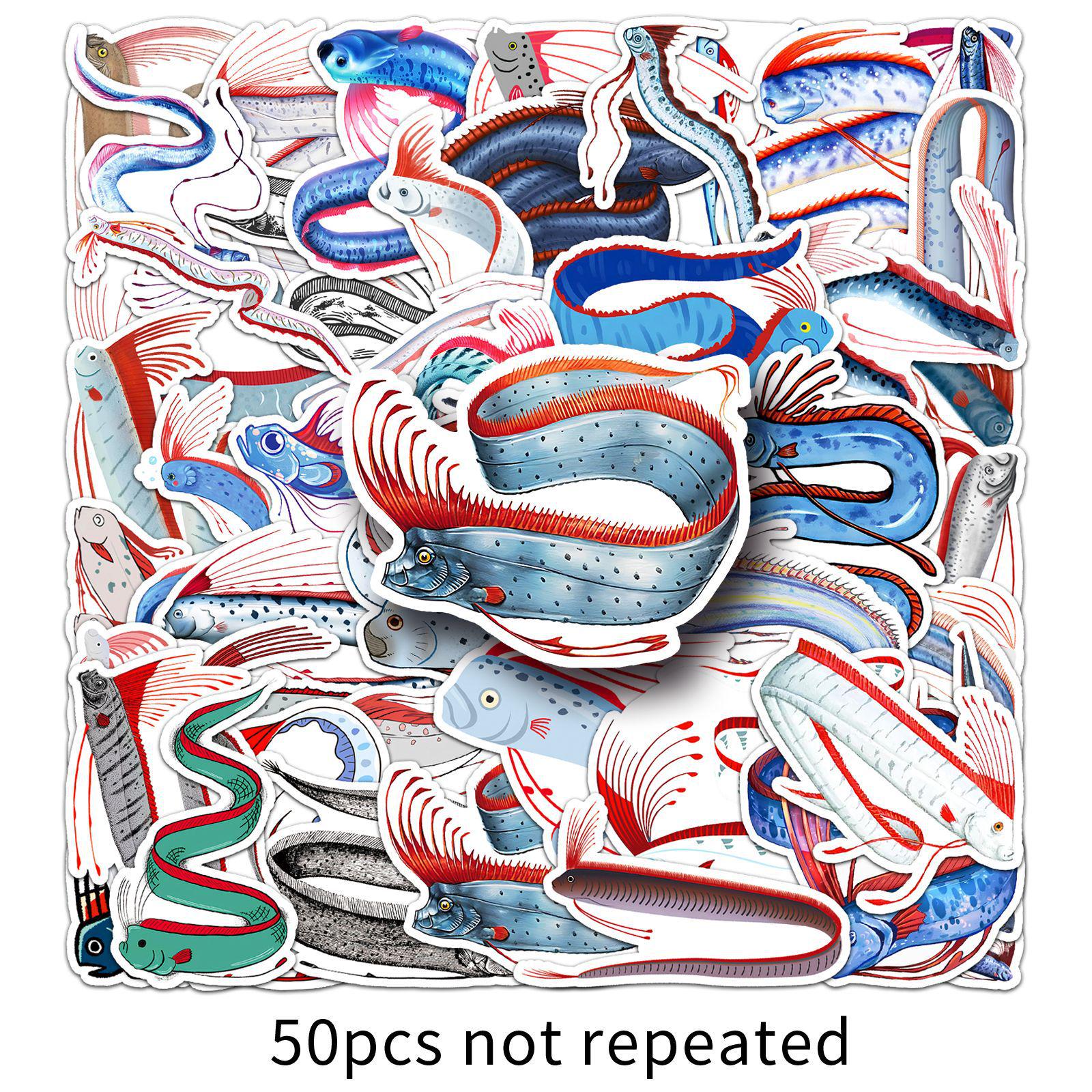 50pcs Waterproof Beltfish & White Dragon Stickers - Cartoon Marine Life Decoration
