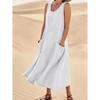 Summer Women Loose Long Sleeveless Round Neck Plain Pocket Dress Cotton Linen