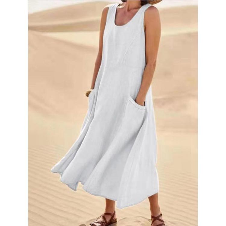 Summer Women Loose Long Sleeveless Round Neck Plain Pocket Dress Cotton Linen