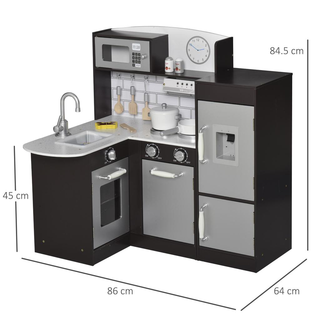Wooden Toy Kitchen for Children with 14 Accessories, Oven, Sink, Fridge and Microwave, Age 3+ Years, 86x64x84.5cm, Silver and Brown