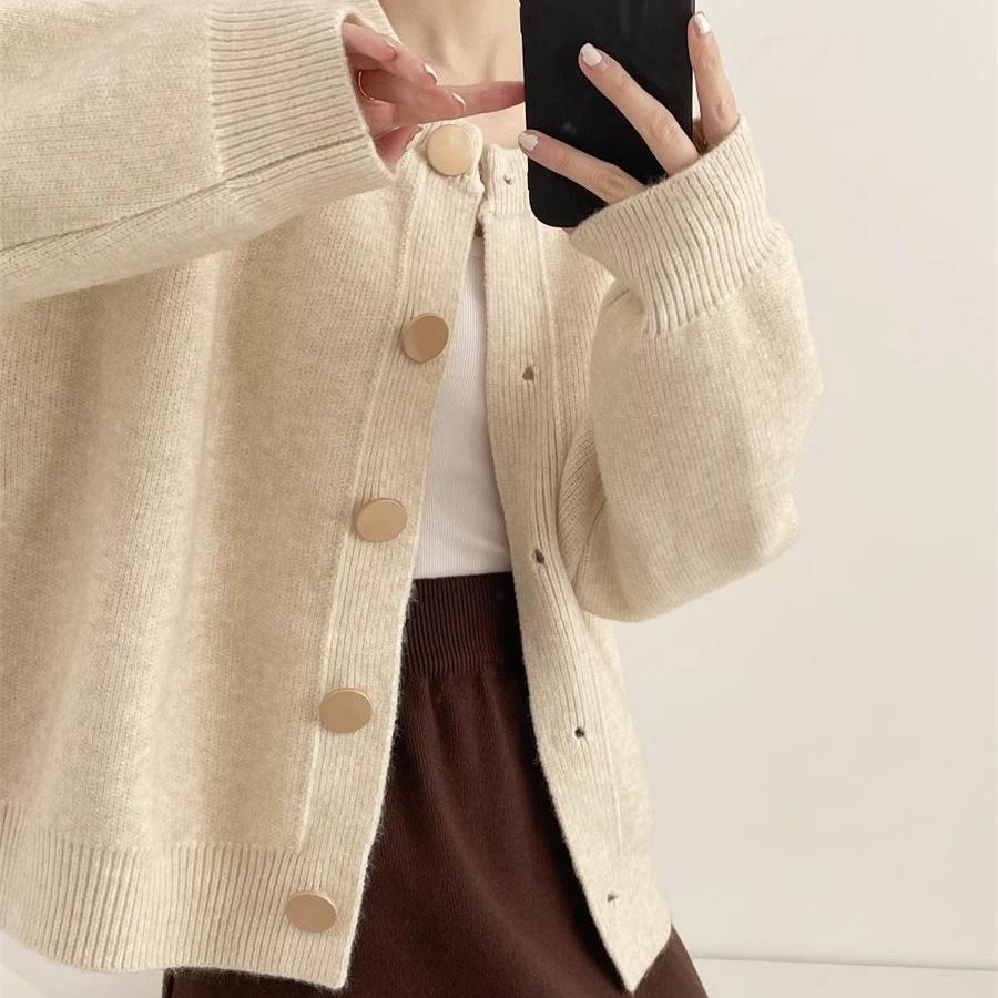Thick Knit Single-Breasted Solid Color Cardigan - Loose Fit, Round Neck