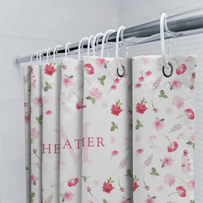 Bath Shower Curtain Name Initials Printed With Delicate Floral Pattern In Pink White For Bathroom Decora