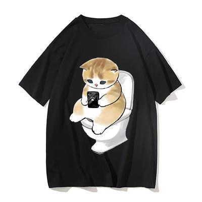 Cute Kitten Cat Play Games Print Avantgarde Fashion Trend Loose Cotton Round Neck Short Sleeve Unisexs Tshirt Korean Clothing