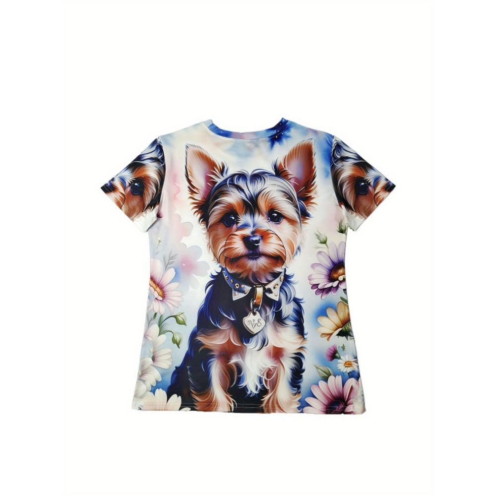 Pastelowa Kwiatowa Koszulka Damska z Szczeniakiem Uroczy Graficzny Yorkshire Terrier, Słodki Wzór ze Zwierzątkiem do Codziennego Noszenia